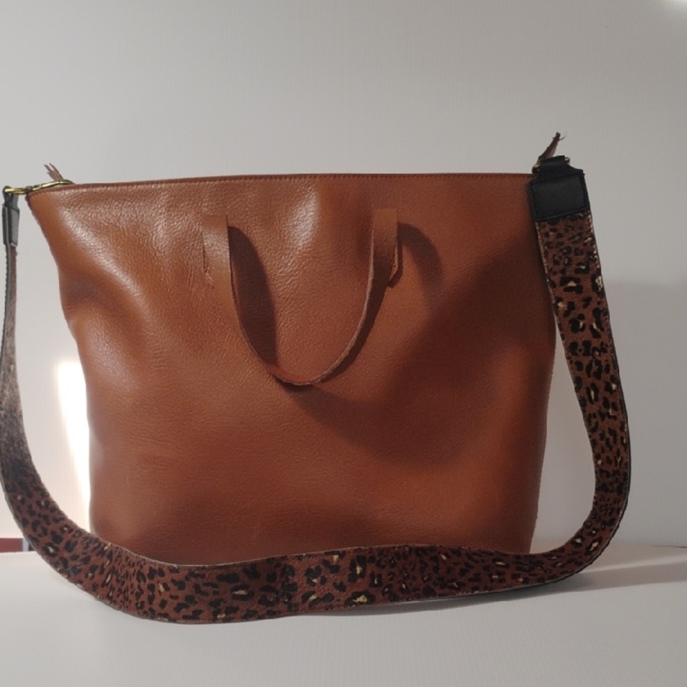 Madewell Brown Leather Tote with Leopard Strap